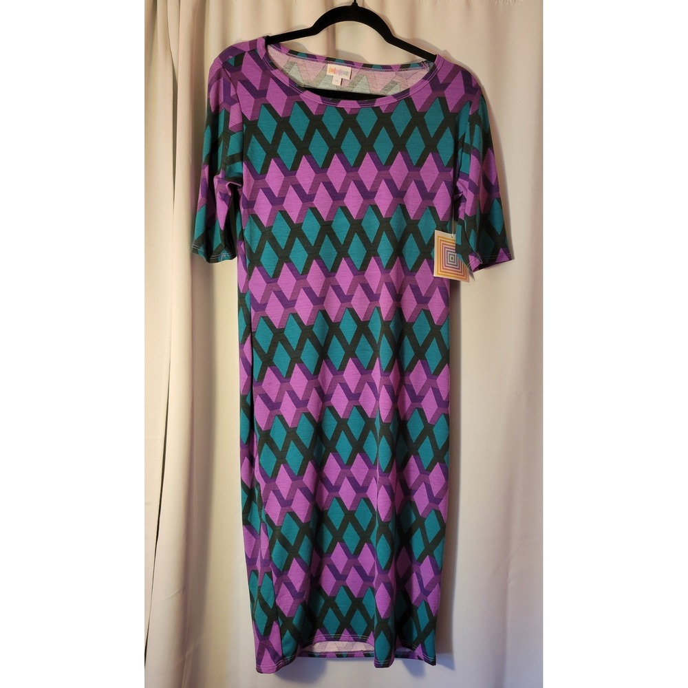LuLaRoe Julia Dress Medium Purple Teal Geometric Diamond Sheath Elbow Sleeve NWT